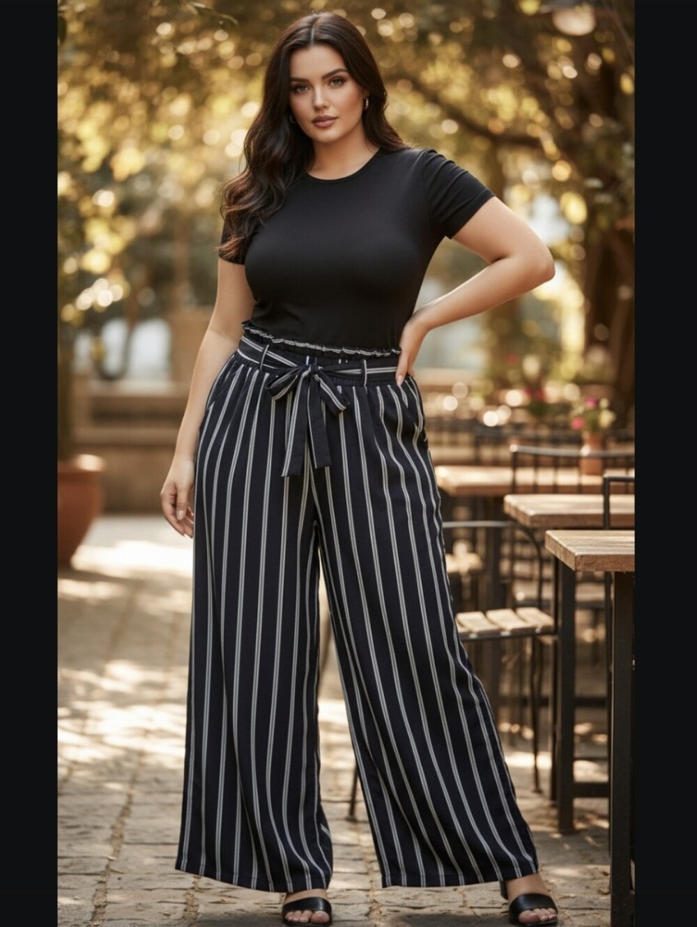 NEW LOOK Black and White Pinstripes Wide Leg Pants with   Tie Waist